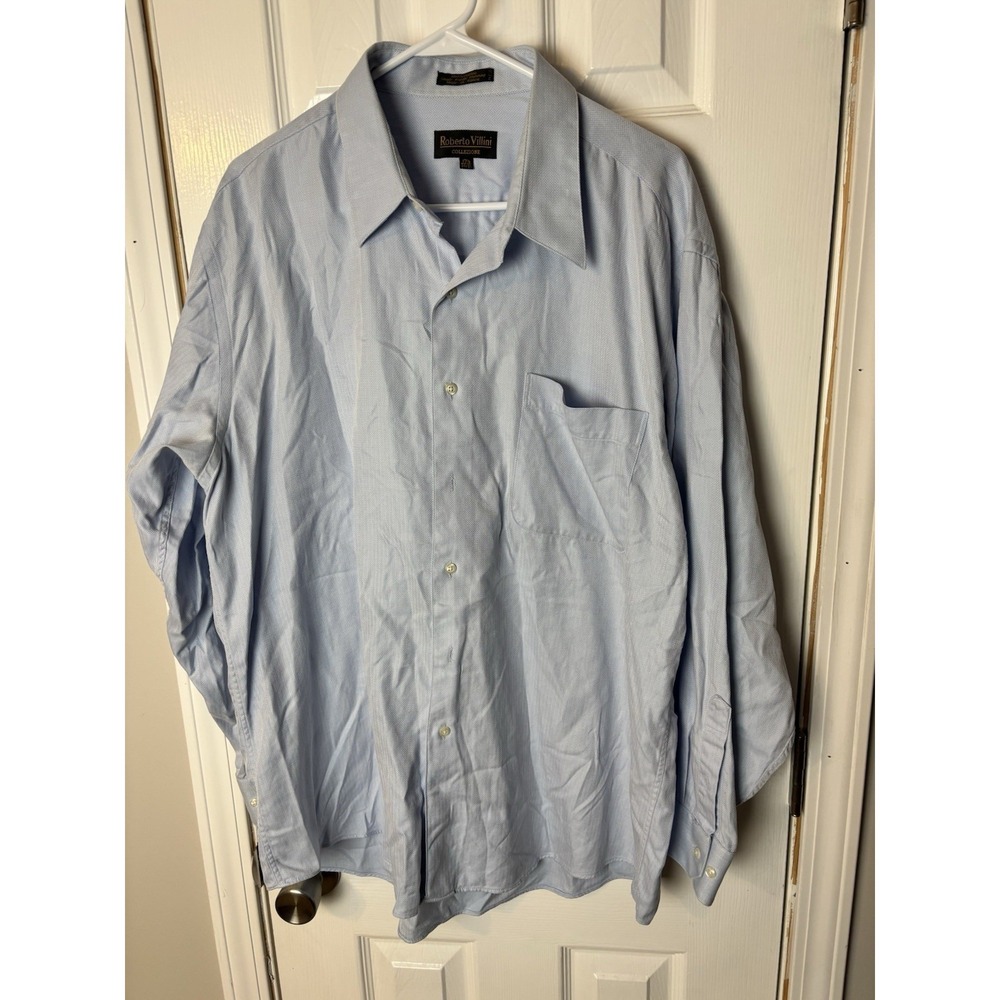 Roberto Villini Men's 17 1/2 34/35 Blue  Herringbone Non-Iron Shirt 100% Cotton‎
